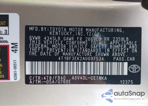 2010 Toyota Camry Le z USA, uszkodzony, nr VIN 4T1BF3EK2AU097534